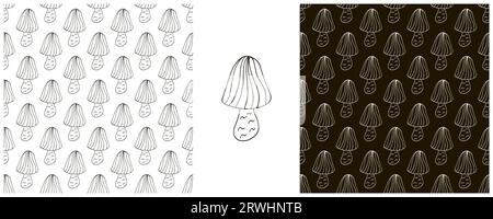 Monochrome. Striped Fairy mushroom. Set Seamless pattern for kitchen, restaurant or shop. Can be used for fabric Stock Vector