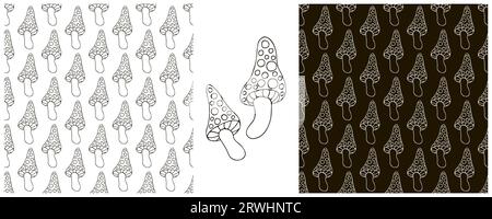 Amanitas. Set Seamless pattern for kitchen. Monochrome Illustration in hand draw style. Can be used for fabric and etc Stock Vector