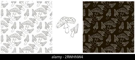 Amanitas. Set Seamless pattern with forest mushrooms. Monochrome. Can be used for fabric, packaging, wrapping and etc Stock Vector