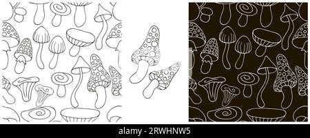 Monochrome. Set Seamless pattern with forest mushrooms. Can be used for fabric, packaging and etc Stock Vector