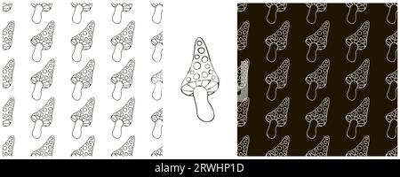 Seamless pattern with forest mushrooms. Monochrome Set Illustration in hand draw style. Autumn Stock Vector