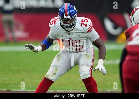 New York Giants guard Joshua Ezeudu looks to block against the New England  Patriots during an NFL preseason football game at Gillette Stadium,  Thursday, Aug. 11, 2022 in Foxborough, Mass. (Winslow Townson/AP