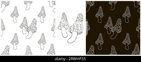 Seamless pattern for kitchen, restaurant or shop. Amanitas. Monochrome Set Illustration in hand draw style. Can be used for fabric and etc Stock Vector