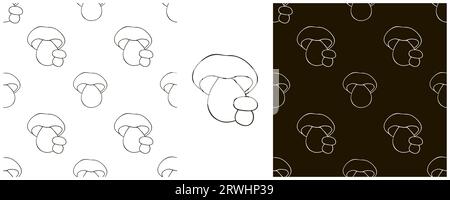 Set Seamless pattern with forest mushrooms. Boletus. Monochrome. Can be used for fabric, packaging and etc Stock Vector