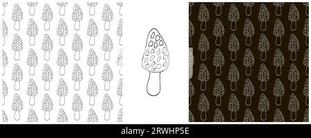 Morchella esculenta. Monochrome Illustration in hand draw style. Set Seamless pattern for kitchen, restaurant Stock Vector