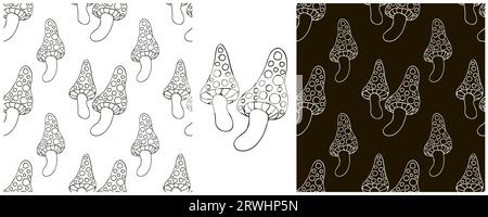 Seamless pattern for kitchen, restaurant or shop. Amanitas. Monochrome Set Illustration in hand draw style Stock Vector
