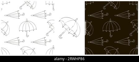 Set Seamless pattern with umbrellas. Monochrome. Can be used for fabric, packaging, wrapping paper and etc Stock Vector