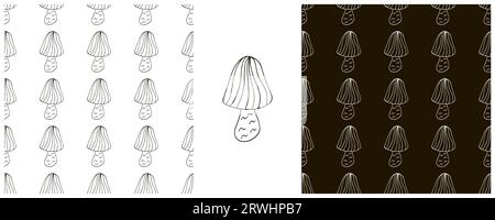 Striped Fairy mushroom. Set Seamless pattern for kitchen, restaurant or shop. Monochrome packaging, wrapping paper and etc Stock Vector