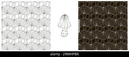 Striped Fairy mushroom. Set Illustration in hand draw style. Monochrome Seamless pattern. Can be used for fabric, packaging and etc Stock Vector