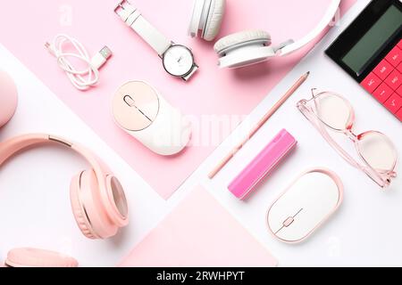 Composition with different gadgets, stationery and eyeglasses on white background Stock Photo