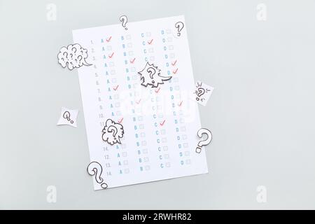 Quiz form with different question marks on white background Stock Photo