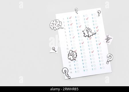 Quiz form with different question marks on white background Stock Photo