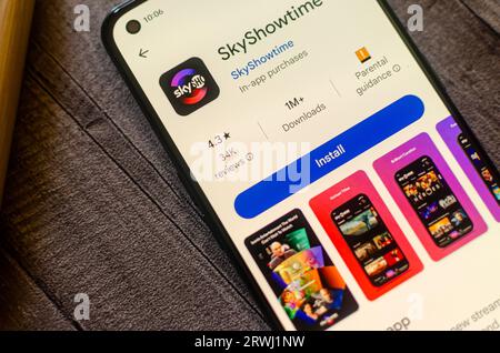 Madrid, Spain. 09 17 2023: Skyshowtime app is seen in the App Store on an smartphone Stock Photo