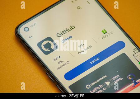 Madrid, Spain. 09 15 2023: Selective focus, Github app is seen in the App Store on an smartphone Stock Photo