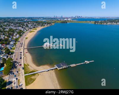 Wollaston Beach aerial view with Squantum and Wollaston Yacht Club with Boston city skyline in Wollaston, city of Quincy, Massachusetts MA, USA. Stock Photo