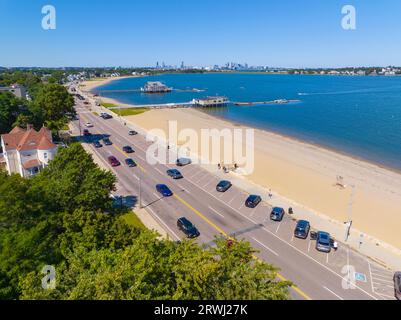 Wollaston Beach aerial view with Squantum and Wollaston Yacht Club with Boston city skyline in Wollaston, city of Quincy, Massachusetts MA, USA. Stock Photo