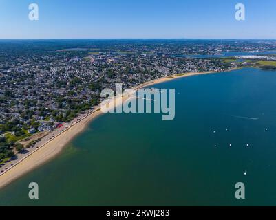 Wollaston Beach aerial view and Quincy Shore Drive with Squantum and Wollaston Yacht Club in Wollaston, city of Quincy, Massachusetts MA, USA. Stock Photo