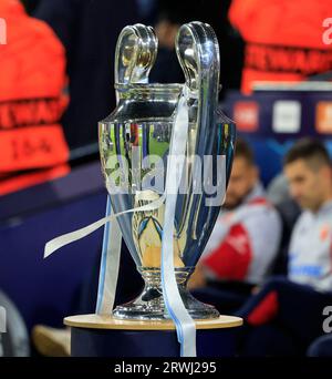 The Champions League trophy at the start of the UEFA Champions League match Manchester City vs Red Star Belgrade at Etihad Stadium, Manchester, United Kingdom, 19th September 2023  (Photo by Conor Molloy/News Images) Stock Photo