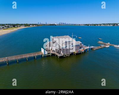 Wollaston Beach aerial view and Squantum Yacht Club with Boston city skyline in Wollaston, city of Quincy, Massachusetts MA, USA. Stock Photo