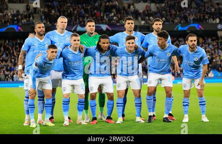 Manchester, UK. 19th Sep, 2023. The Manchester City team at the start of the UEFA Champions League match Manchester City vs Red Star Belgrade at Etihad Stadium, Manchester, United Kingdom, 19th September 2023 (Photo by Conor Molloy/News Images) in Manchester, United Kingdom on 9/19/2023. (Photo by Conor Molloy/News Images/Sipa USA) Credit: Sipa USA/Alamy Live News Stock Photo