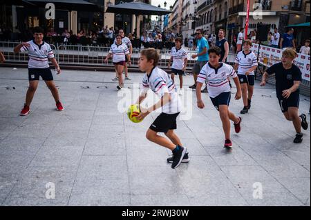 Kids trying rugby during Sports Day multi-sports street event in Plaza ...