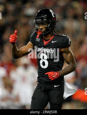 Cincinnati wide receiver Xzavier Henderson (8) gestures during an