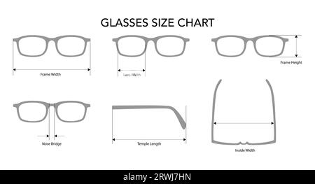 Set of Glasses Size Chart measurement Eye frame fashion medical accessory illustration. Sunglass silhouette style, flat rim spectacles eyeglasses sketch style outline isolated on white background Stock Vector