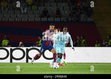 Barcelona, Spain. 19th Sep, 2023. BARCELONA, SPAIN - SEPTEMBER 19: Joao Cancelo drives the ball during the UEFA Champions League Group H match FC Barcelona and Antwerp on September 19, 2023, at Montjuic Stadium in Barcelona, Spain. (Photo by Sara Aribó/PxImages) Credit: Px Images/Alamy Live News Stock Photo