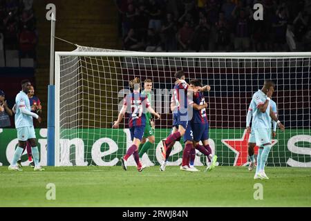 Barcelona, Spain. 19th Sep, 2023. BARCELONA, SPAIN - SEPTEMBER 19: Barcelona players celebrate after scoring the first goal during the UEFA Champions League Group H match FC Barcelona and Antwerp on September 19, 2023, at Montjuic Stadium in Barcelona, Spain. (Photo by Sara Aribó/PxImages) Credit: Px Images/Alamy Live News Stock Photo