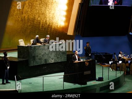 New York, United States. 19th Sep, 2023. President of El Salvador Nayib Armando Bukele speaks at the UN General Assembly 78th session General Debate in UN General Assembly Hall at the United Nations Headquarters on Tuesday, September 19, 2023 in New York City. Photo by John Angelillo/UPI Credit: UPI/Alamy Live News Stock Photo