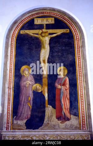 Christ of the Cross with the Virgin Mary, Saint John and Saint Dominic Praying fresco in the Louve Museum in Paris France Stock Photo