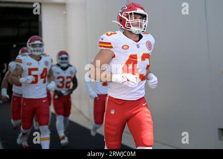 Kansas City Chiefs linebacker Jack Cochrane (43) runs out onto the field  before the NFL Super Bowl 57 football game against the Philadelphia Eagles,  Sunday, Feb. 12, 2023, in Glendale, Ariz. The