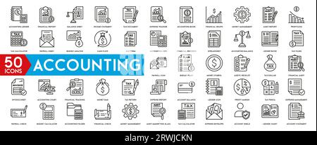 Accounting icon set. Containing financial statement, accountant, financial audit, invoice, tax calculator, business firm, tax return, income Stock Vector