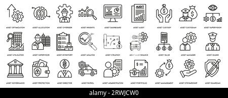 Asset management icon set. Contains such icons as audit, investment, business, stability and more, can be used for web Stock Vector