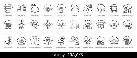 Cloud computing icons Set of line, cloud services, server, cyber security, digital transformation. Outline icon collection. Stock Vector