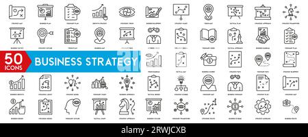 Business strategy set of web icons in line style. Business solutions icons for web and mobile app. Action List, research, solution, team, marketing Stock Vector