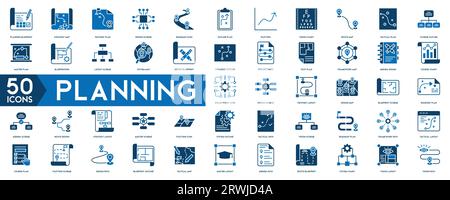 Planning icons set. Planning Blueprint, Strategy Map, Pathway Plan, organisation. Linear icon collection.. Vector illustration Stock Vector