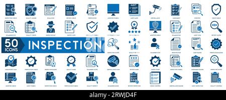 Inspection web icons in line style. Examination, testing, quality control, check, inspect, collection. Vector illustration. Stock Vector