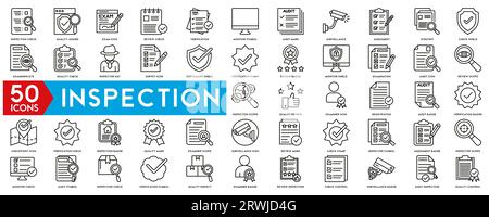 Inspection web icons in line style. Examination, testing, quality control, check, inspect, collection. Vector illustration. Stock Vector