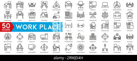Work place icon set. Containing briefcase, desk, computer, meeting, employee, schedule and co-worker symbol. Solid workspace icons vector collection. Stock Vector