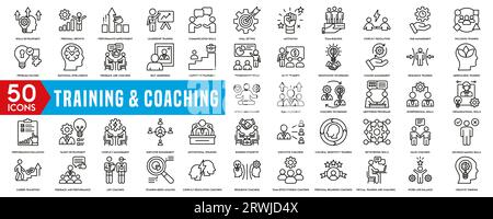Training and Coaching icon set. Containing team building, collaboration, teamwork, coaching, problem-solving and education icons. Solid icon collectio Stock Vector