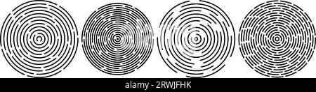 Black concentric ripple circles set. Linear sound wave rings collection. Epicenter, target, radar, sonar icon concept. Radial signal or vibration elements. Line vector illustration  Stock Vector