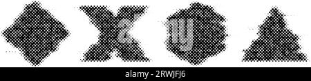Halftone glitch geometric shapes set. Dotted cross, square, triangle and triangle elements. Black noise texture objects for banner, poster, collage, flyer, booklet, brochure. Vector collection Stock Vector