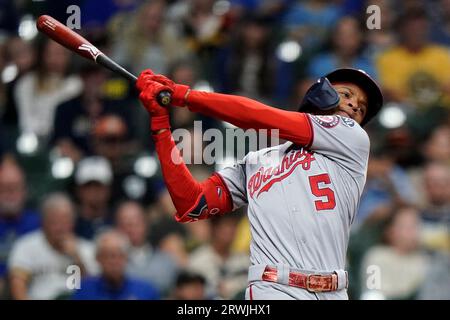 ANAHEIM, CA - APRIL 12: Washington Nationals shortstop CJ Abrams (5) swings  at a pitch during the MLB game between the Washington Nationals and the Los  Angeles Angels of Anaheim on April