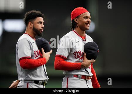 Milwaukee, WI USA; Washington Nationals shortstop CJ Abrams (5) hits a ball  deep during an MLB game against the Milwaukee Brewers on Sunday, September  17, 2023 at American Family Field. The Nationals