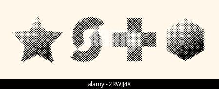 Halftone geometric shapes set. Dotted cross, star, hexagon and arcs elements with gradient. Black textured objects for banner, poster, collage, flyer, booklet, brochure, cover. Vector collection Stock Vector