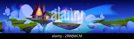 Fantasy house floating on magic island in night sky. Vector cartoon illustration of fairytale cottage with light in windows flying on land surrounded Stock Vector
