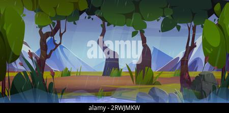 Rainy day in mountain forest. Vector cartoon illustration of old wood in valley, rainfall pouring from gloomy cloudy sky, water puddles in wet green g Stock Vector