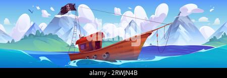 Pirate boat sailing in sea near mountain island. Vector cartoon illustration of wooden yacht with black jolly roger flag and cannons floating on water Stock Vector