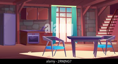 Poor kitchen interior with old furniture. Vector cartoon illustration of dining room in cottage house, empty wooden table and chairs on carpet, fridge Stock Vector